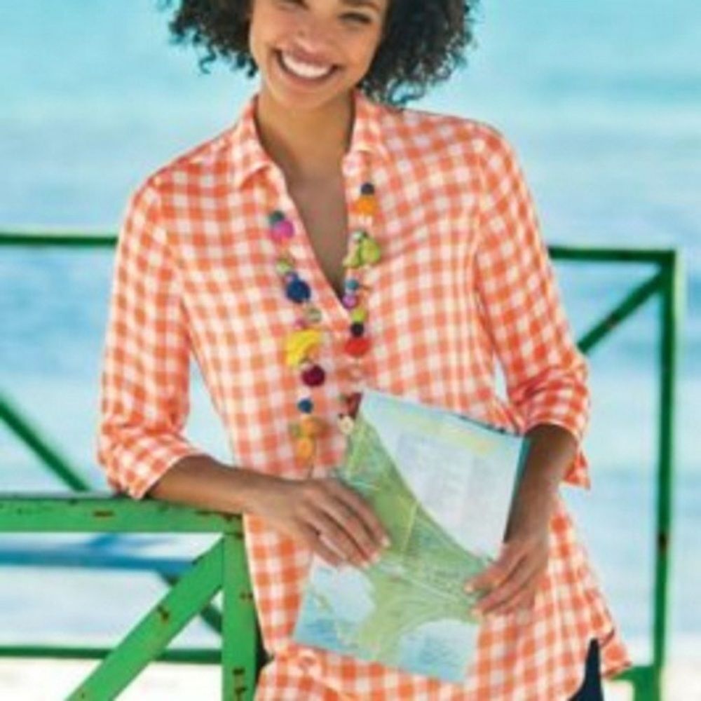 Soft Surroundings Plaid Gingham Orange Popover Top Business Casual